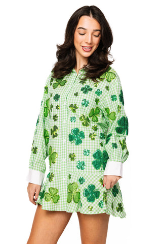 QOS Green & White Plaid Rhinestone Shamrock Collar Cotton Dress