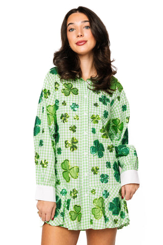 QOS Green & White Plaid Rhinestone Shamrock Collar Cotton Dress