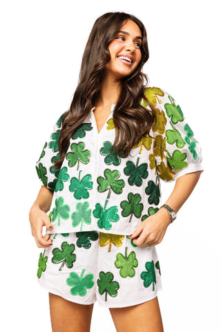QOS White & Green Rhinestone Shamrock Top