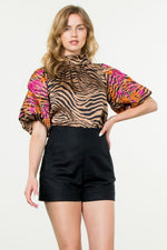 Embroidered Puff Sleeve Print Top • Leopard