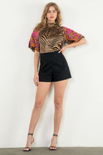 Embroidered Puff Sleeve Print Top • Leopard