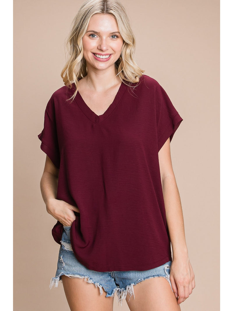 Go With The Flow V Neck Top • Wine