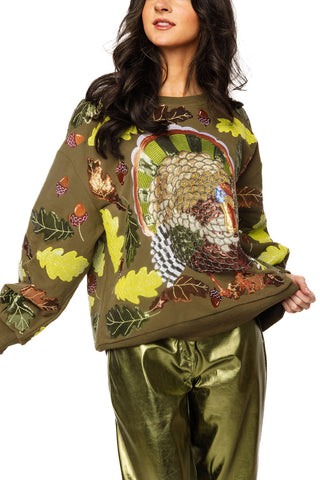 QOS Olive Green Multi Turkey & Leaves Sweatshirt