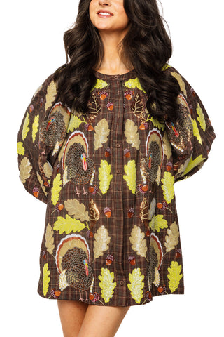 QOS Brown Plaid Turkey & Leaves Button Up Long Sleeve