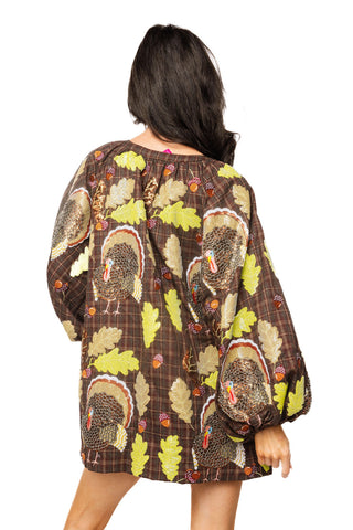 QOS Brown Plaid Turkey & Leaves Button Up Long Sleeve
