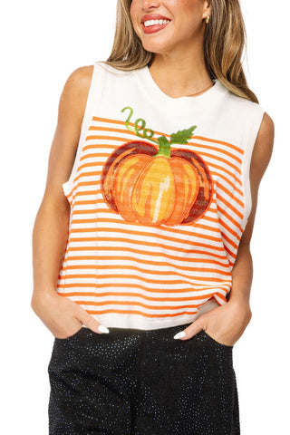 QOS Ivory & Orange Striped Pumplin Knit Tank