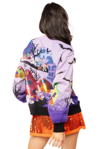 QOS Lavender Multi Trick or Treating Scene Cardigan