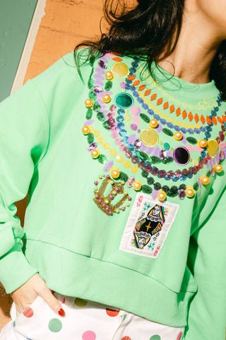 QOS Bright Green Queen Mardi Gras Beads Sweatshirt