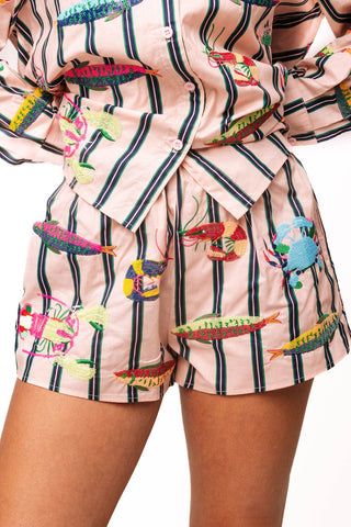 QOS Light Pink Stripe Multi Sea Creature Cotton Short