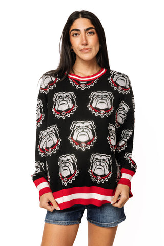 QOS Licensed UGA Knit In Rhinestone Sport Stripe Sweater