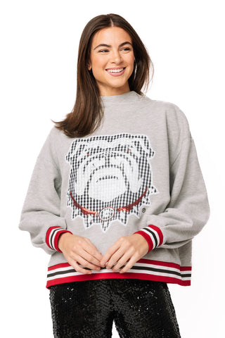QOS Licensed UGA Grey Gingham Mascot Mock Neck Sweatshirt