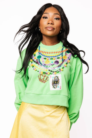 QOS Bright Green Queen Mardi Gras Beads Sweatshirt
