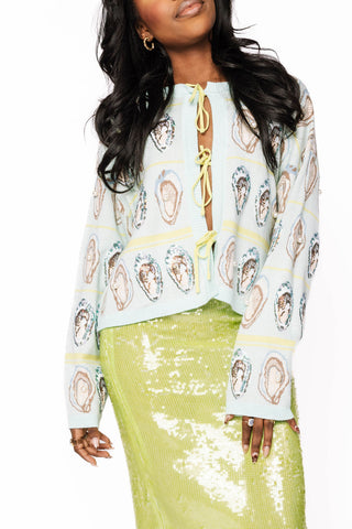 Pale Blue & Green Oyster Tie Up Sweater • Queen Of Sparkles