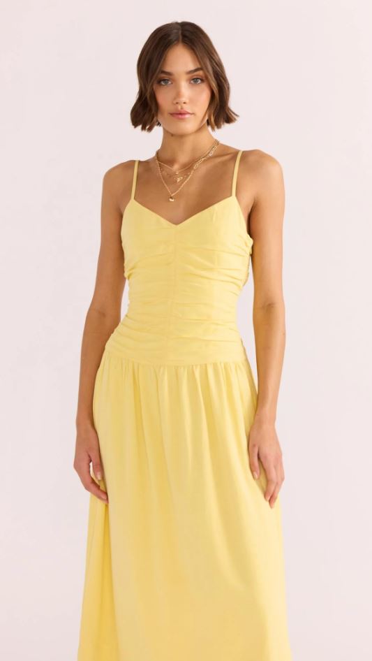 Minkpink Ophelia Ruched Midi Dress - Lemon, LEMON / L Minkpink Ophelia Ruched Midi Dress - Lemon, LEMON / L