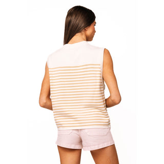 QOS Ivory & Tan Striped Shell Knit Tank Topp