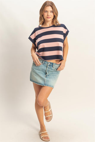Aiko Striped Boxy Crew Neck Top • Blush