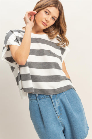 Aiko Striped Boxy Crew Neck Top • Heather Grey