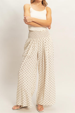 Polka Dot Elastic Wide-Leg Pants • Oatmeal