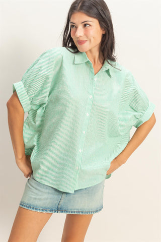 Striped Short Sleeve Button-Front Blouse