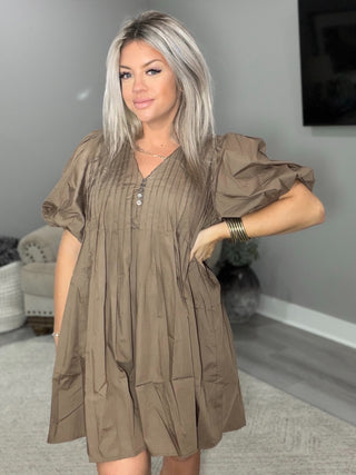 Nicolette Puff Sleeve Pleated Mini Dress • Mocha
