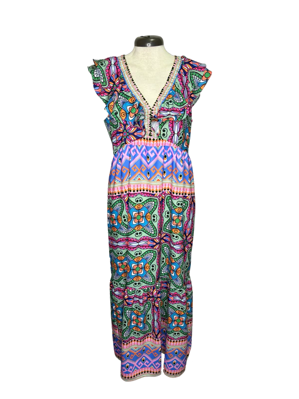 Ruched Ruffle Maxi Dress • Wonder Aztec