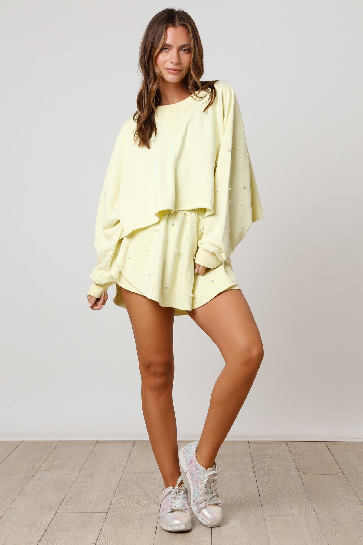 Pearl Embellished Cropped Sweatshirt • Yellow