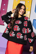 QOS Licensed Black Sequin UGA Football Helmet Sweatshirt