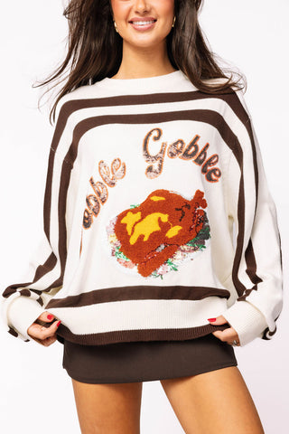 White & Brown Stripe 'Gobble' Long Sleeve Sweater | Queen of Sparkles