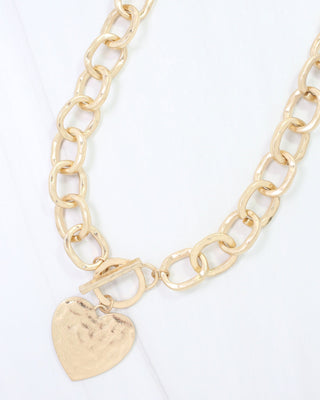 Emi Hammered Heart Charm Toggle Necklace • Worn Gold