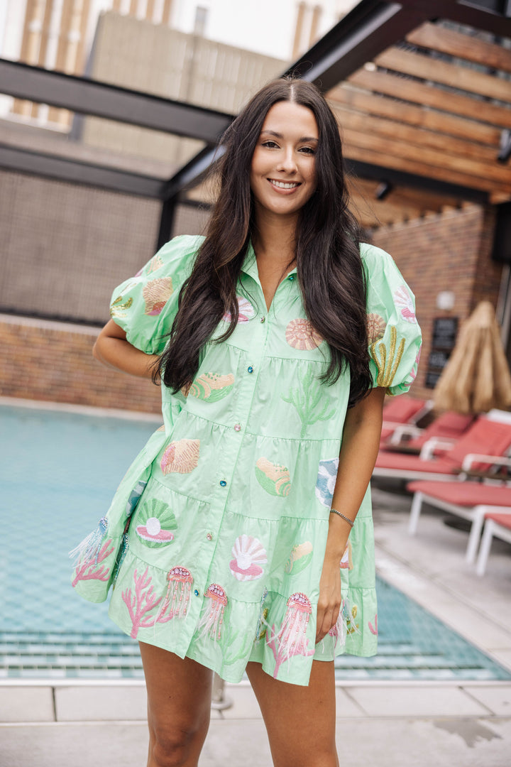 QOS Under The Sea Poof Sleeve Dress • Mint