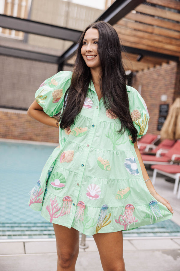 QOS Under The Sea Poof Sleeve Dress • Mint