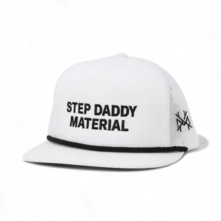 Step Daddy Material Snapback Hat • Flat Bill White