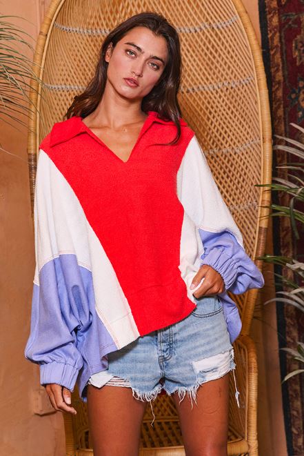 Oversized Collared Contrast Top • Red + White