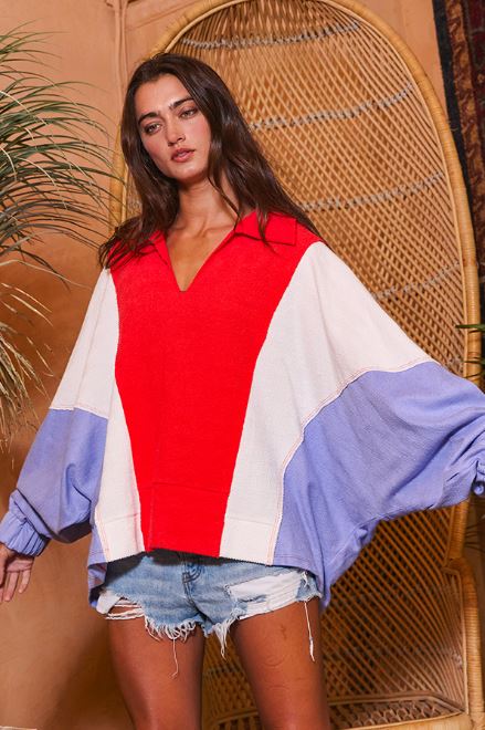 Oversized Collared Contrast Top • Red + White