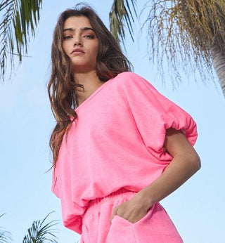 Bubble Hem & Sleeve Terry Crop Top • Neon Pink