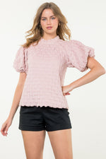 Uptown Chic Textured Short Puff Sleeve Top • Blush