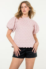 Uptown Chic Textured Short Puff Sleeve Top • Blush