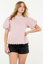 Uptown Chic Textured Short Puff Sleeve Top • Blush