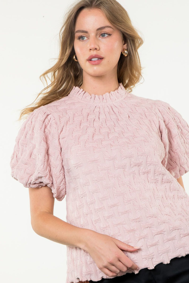 Uptown Chic Textured Short Puff Sleeve Top • Blush