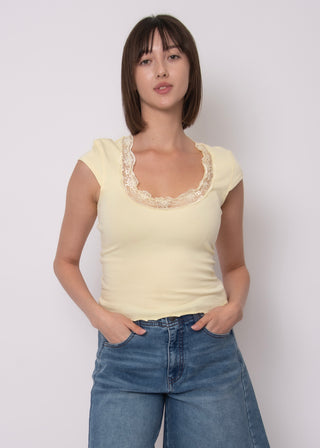 Paige Cap Sleeve Scoop Neck Top with Lace Trim