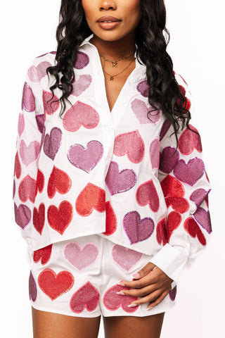 QOS White Multi Rhinestone Hearts Button Up Cotton Top