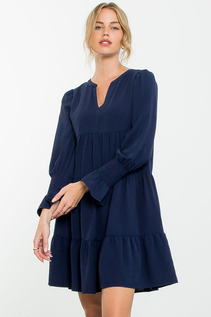 Hallie Long Sleeve Tiered Midi Dress • Navy