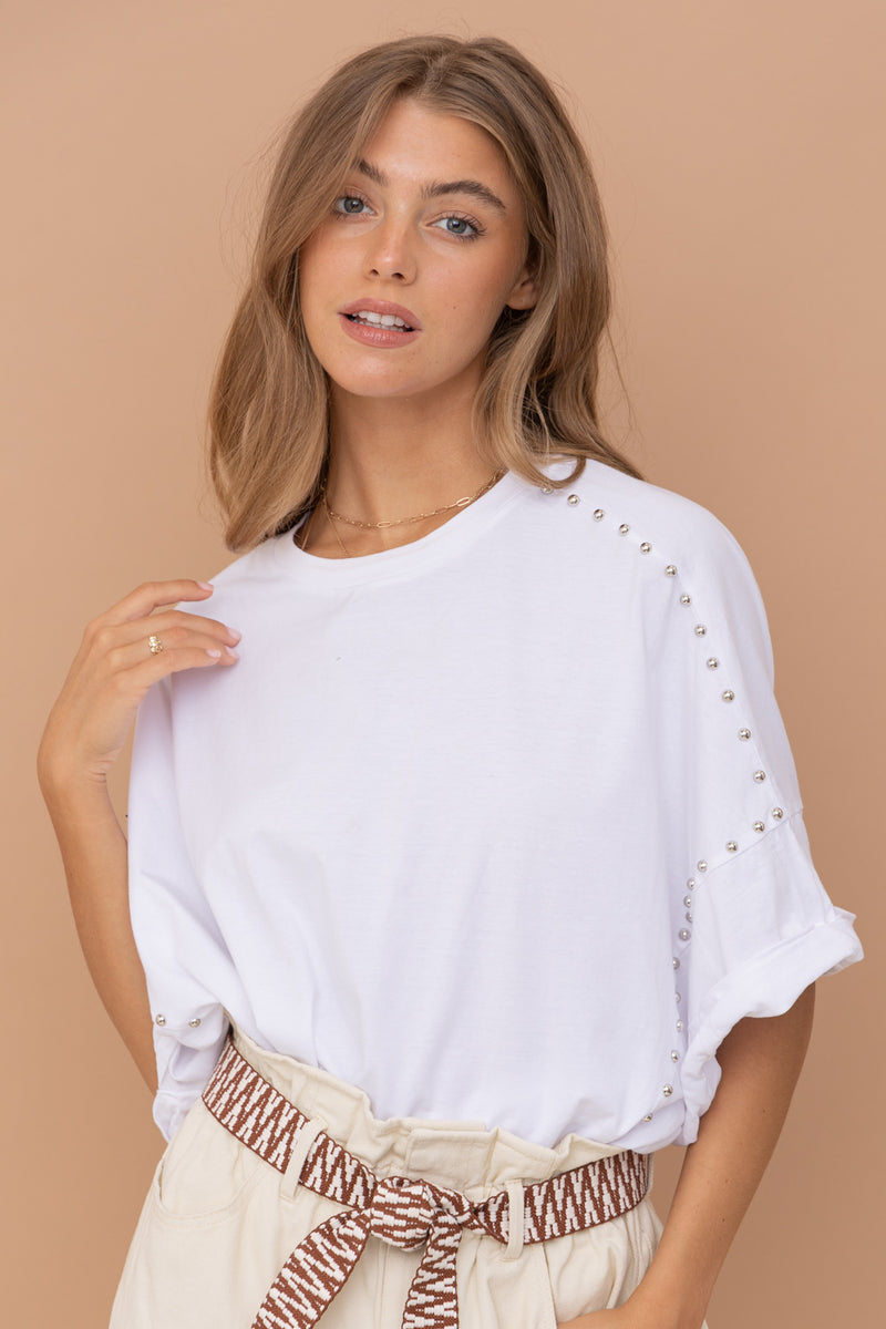 Studded Over Sized High Low T Shirt • White