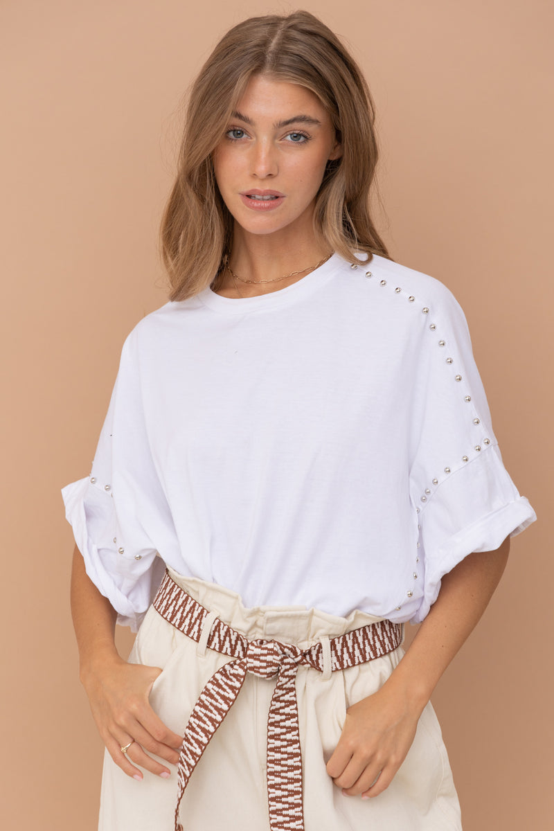 Studded Over Sized High Low T Shirt • White – Tonya's Treasures Inc.