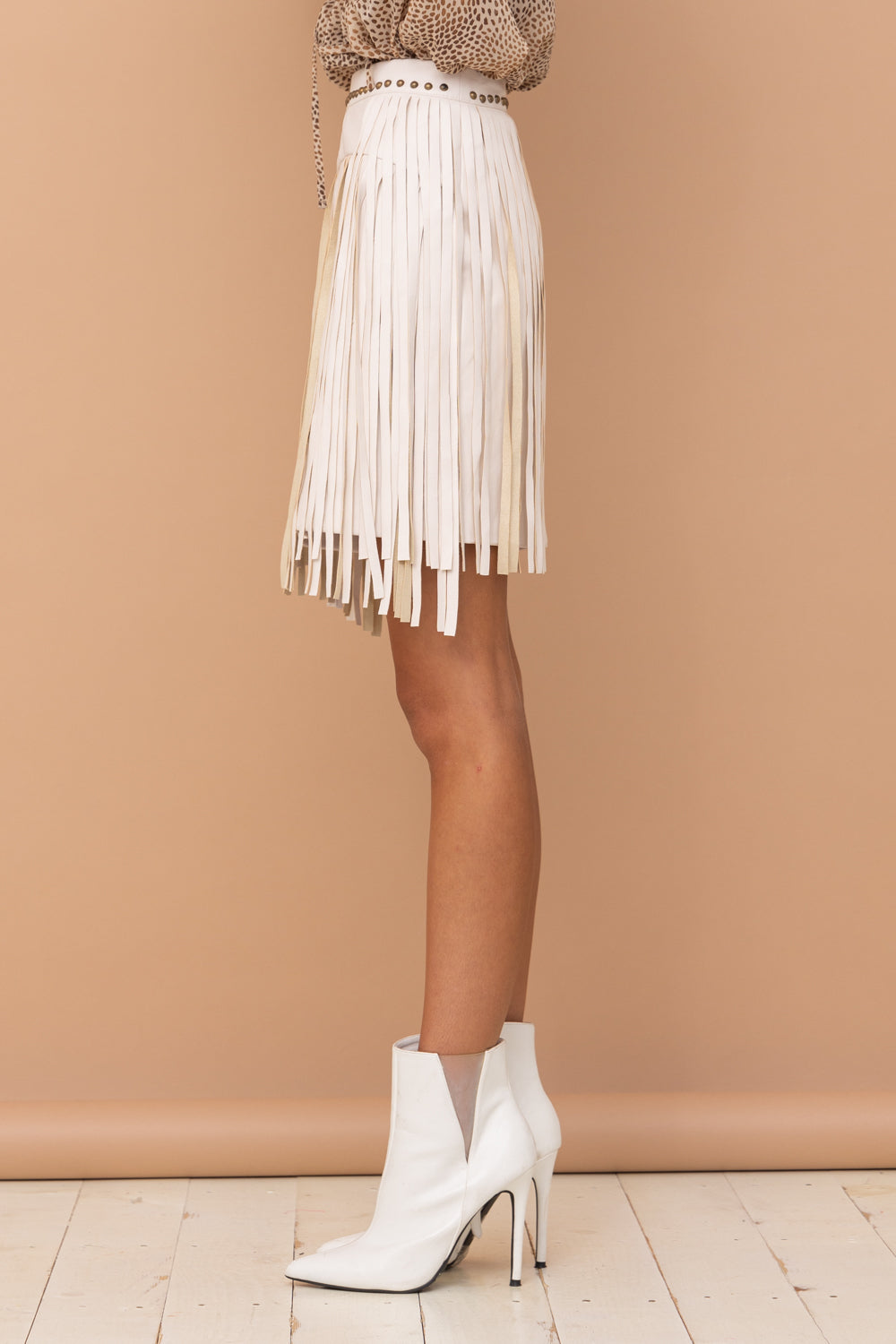 Faux Leather Studded Fringe Mini Skirt • White Sand