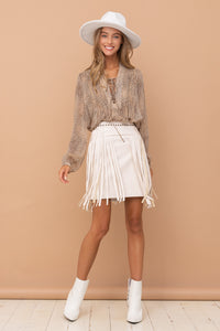 Faux Leather Studded Fringe Mini Skirt • White Sand