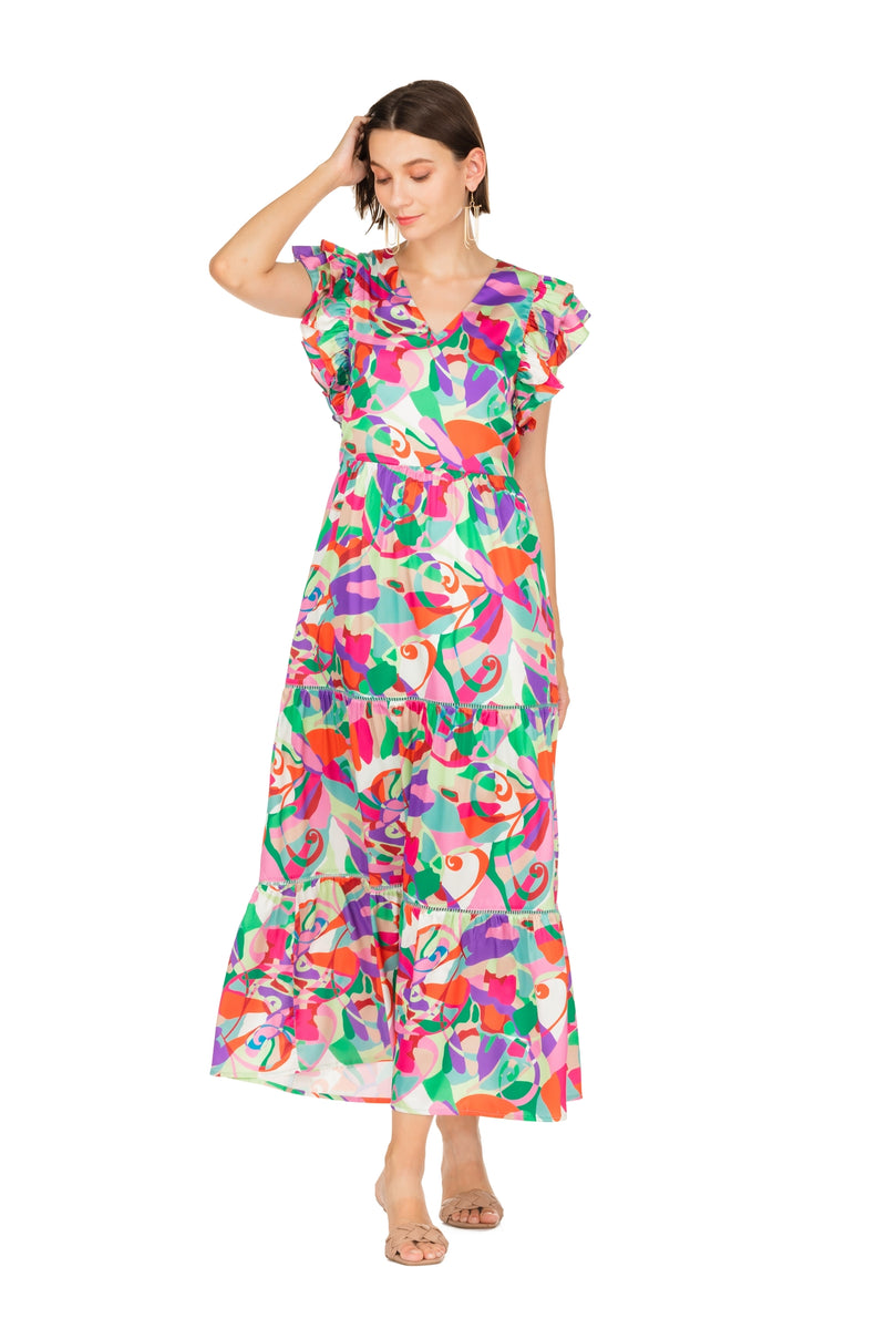 Ruffle Trim Tiered Maxi Dress • Multi Abstract