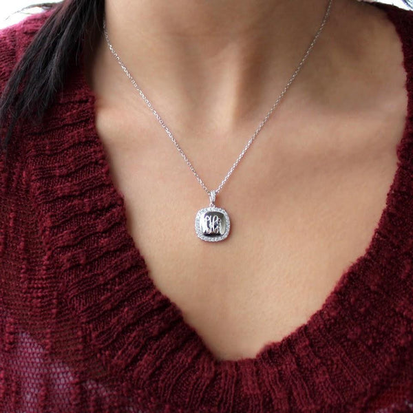 Sterling Silver Engravable Rounded Square Diamond Necklace