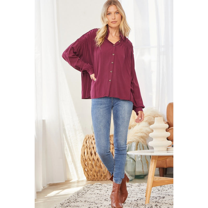 Button Down Casual Blouse • Wine
