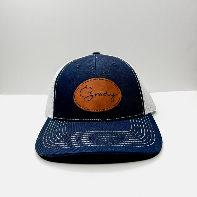Youth Leather Patch Trucker Hat • Custom Name
